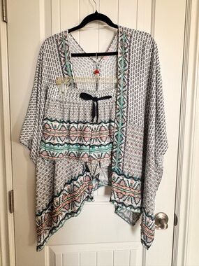 Bershka White Boho Printed Kimono with Teal & Peach Accents set of Short and top
